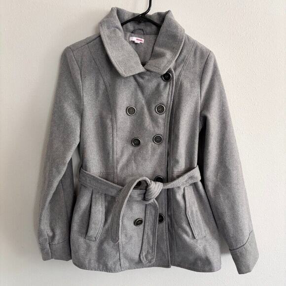 Vintage 90's Y2K Bongo Sz L Gray Belted Pea Coat Wool Blend Winter Coat - Picture 1 of 14